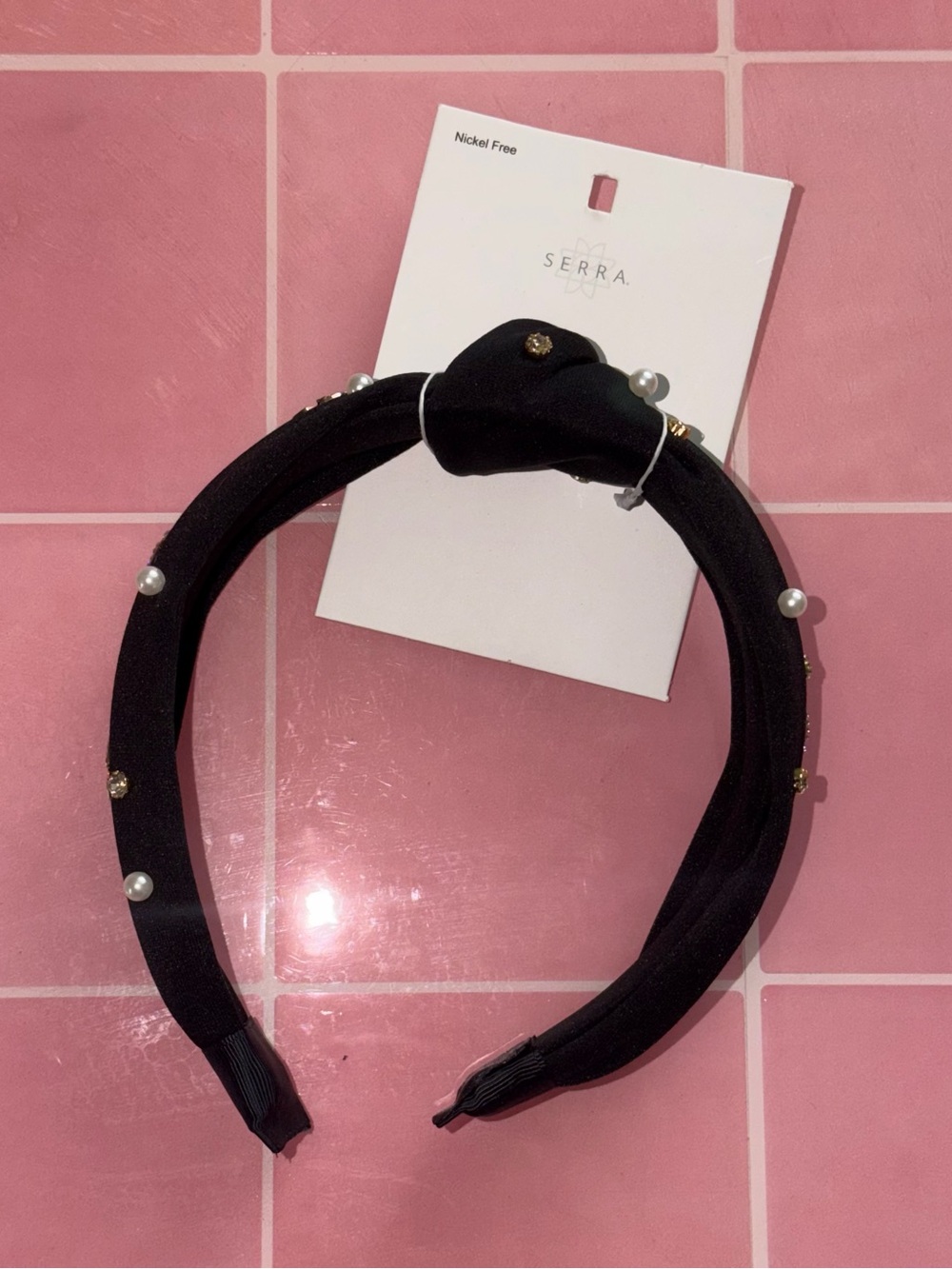 Black Knotted Headband with Footballs Pearls and Gold Studs